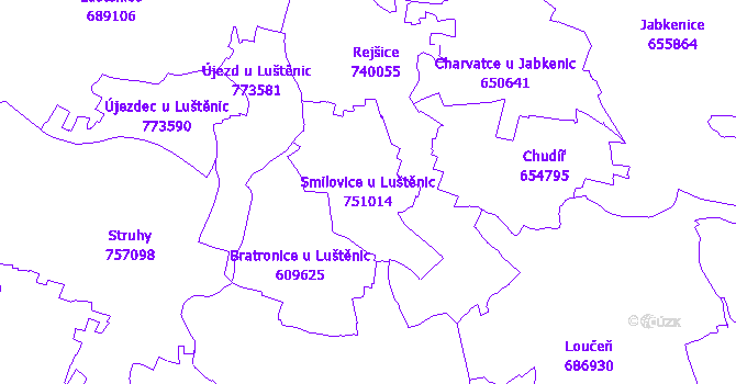 Katastrální mapa Smilovice u Luštěnic - přehledová mapa katastrálního území