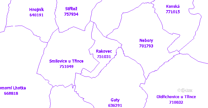 Katastrální mapa Rakovec - přehledová mapa katastrálního území