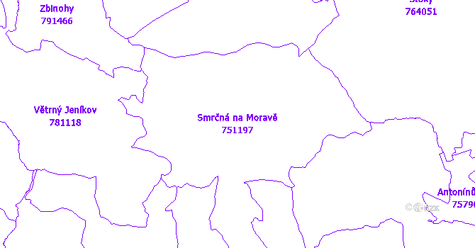 Katastrální mapa Smrčná na Moravě - přehledová mapa katastrálního území