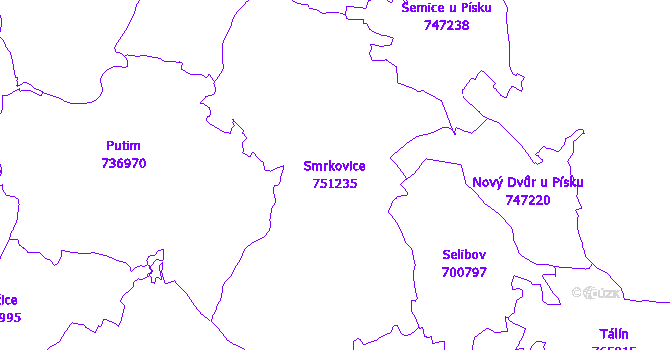 Katastrální mapa Smrkovice - přehledová mapa katastrálního území