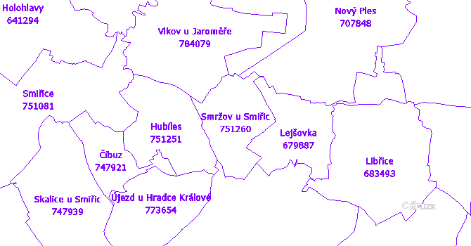 Katastrální mapa Smržov u Smiřic - přehledová mapa katastrálního území