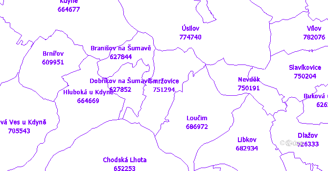 Katastrální mapa Smržovice - přehledová mapa katastrálního území