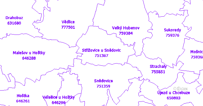 Katastrální mapa Střížovice u Snědovic - přehledová mapa katastrálního území