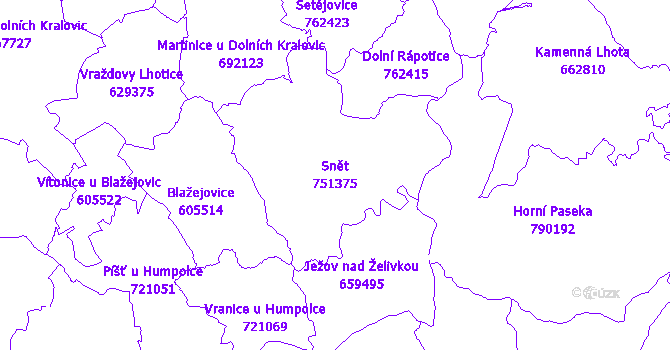 Katastrální mapa Snět - přehledová mapa katastrálního území
