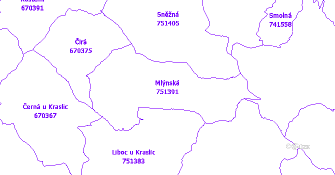 Katastrální mapa Mlýnská - přehledová mapa katastrálního území