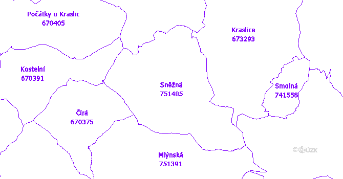 Katastrální mapa Sněžná - přehledová mapa katastrálního území