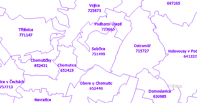 Katastrální mapa Sobčice - přehledová mapa katastrálního území