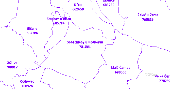 Katastrální mapa Soběchleby u Podbořan - přehledová mapa katastrálního území