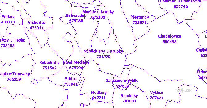 Katastrální mapa Soběchleby u Krupky - přehledová mapa katastrálního území