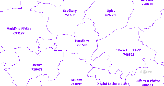 Katastrální mapa Horušany - přehledová mapa katastrálního území