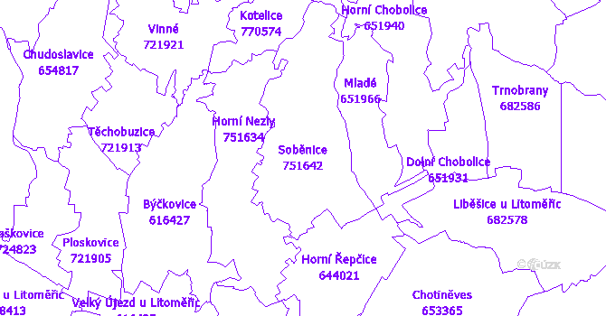 Katastrální mapa Soběnice - přehledová mapa katastrálního území