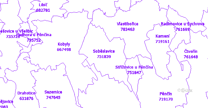 Katastrální mapa Soběslavice - přehledová mapa katastrálního území