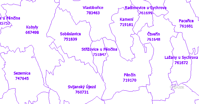 Katastrální mapa Střížovice u Pěnčína - přehledová mapa katastrálního území