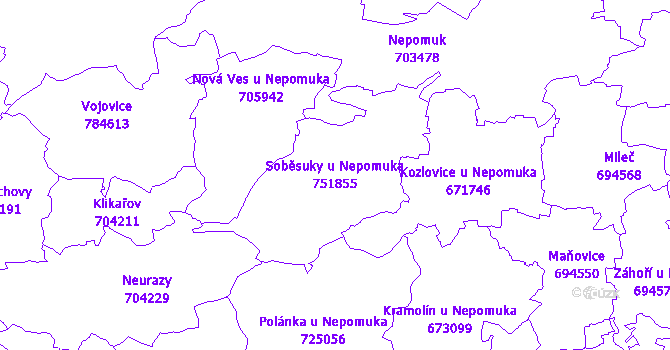 Katastrální mapa Soběsuky u Nepomuka - přehledová mapa katastrálního území