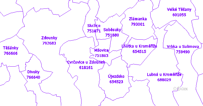 Katastrální mapa Milovice - přehledová mapa katastrálního území