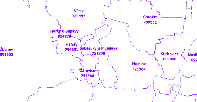 Katastrální mapa Soběsuky u Plumlova - přehledová mapa katastrálního území