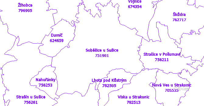 Katastrální mapa Soběšice u Sušice - přehledová mapa katastrálního území
