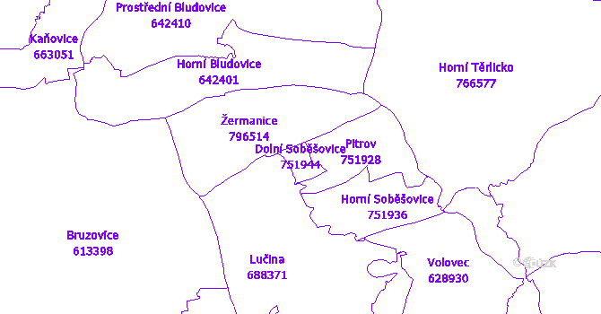 Katastrální mapa Dolní Soběšovice - přehledová mapa katastrálního území