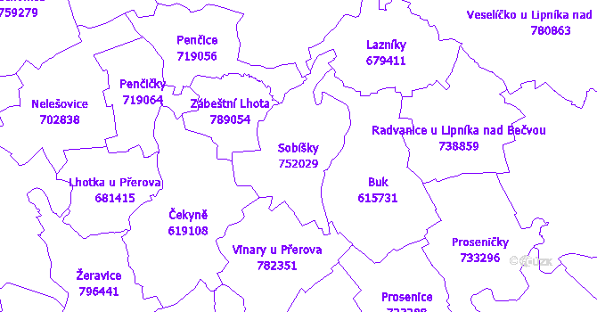 Katastrální mapa Sobíšky - přehledová mapa katastrálního území