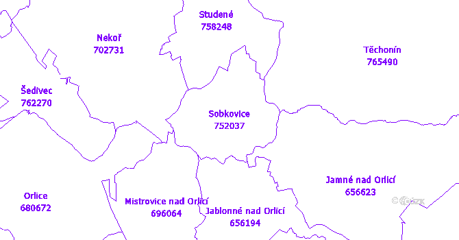 Katastrální mapa Sobkovice - přehledová mapa katastrálního území