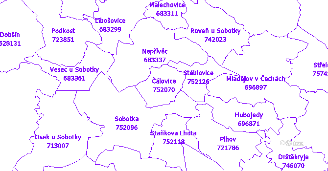 Katastrální mapa Čálovice - přehledová mapa katastrálního území