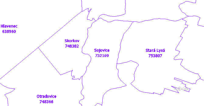 Katastrální mapa Sojovice - přehledová mapa katastrálního území