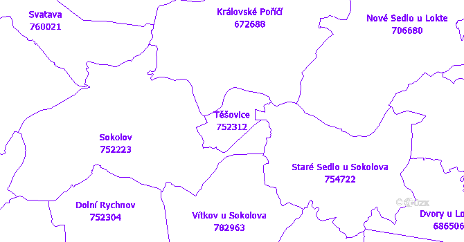 Katastrální mapa Těšovice - přehledová mapa katastrálního území