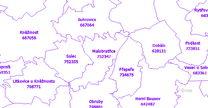 Katastrální mapa Malobratřice - přehledová mapa katastrálního území