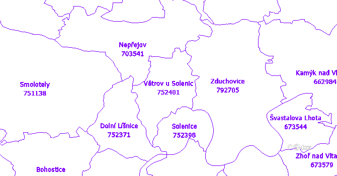Katastrální mapa Větrov u Solenic - přehledová mapa katastrálního území