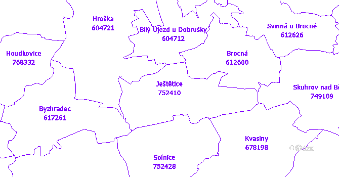 Katastrální mapa Ještětice - přehledová mapa katastrálního území