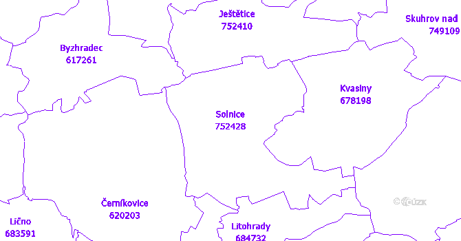 Katastrální mapa Solnice - přehledová mapa katastrálního území