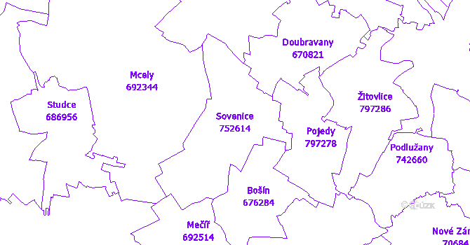 Katastrální mapa Sovenice - přehledová mapa katastrálního území