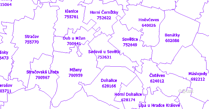Katastrální mapa Sadová u Sovětic - přehledová mapa katastrálního území