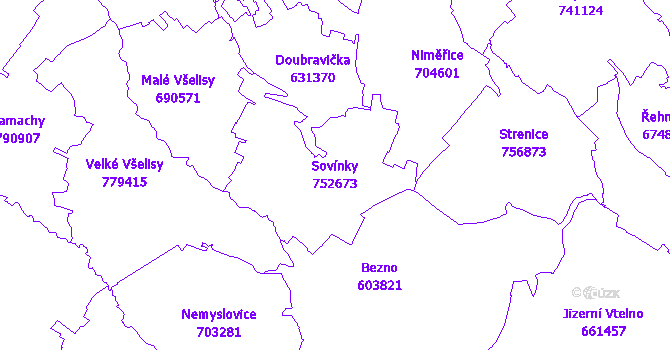 Katastrální mapa Sovínky - přehledová mapa katastrálního území