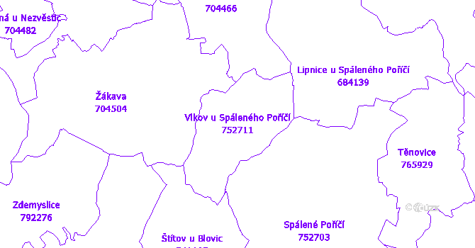 Katastrální mapa Vlkov u Spáleného Poříčí - přehledová mapa katastrálního území