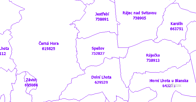 Katastrální mapa Spešov - přehledová mapa katastrálního území
