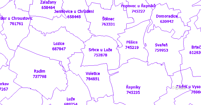 Katastrální mapa Srbce u Luže - přehledová mapa katastrálního území