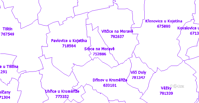 Katastrální mapa Srbce na Moravě - přehledová mapa katastrálního území