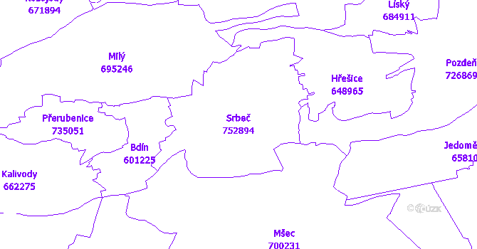 Katastrální mapa Srbeč - přehledová mapa katastrálního území