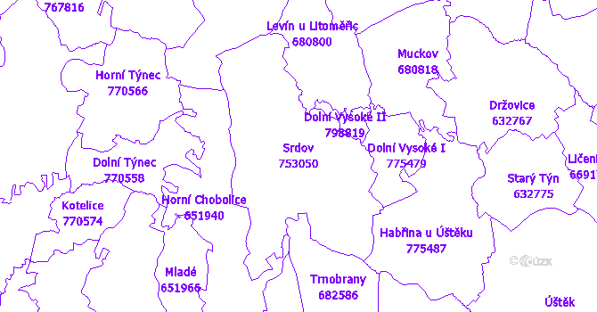 Katastrální mapa Srdov - přehledová mapa katastrálního území
