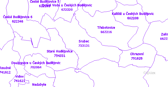 Katastrální mapa Srubec - přehledová mapa katastrálního území