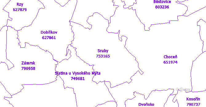 Katastrální mapa Sruby - přehledová mapa katastrálního území