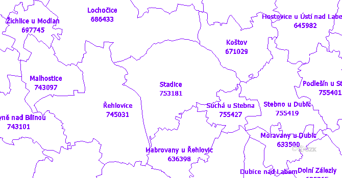 Katastrální mapa Stadice - přehledová mapa katastrálního území