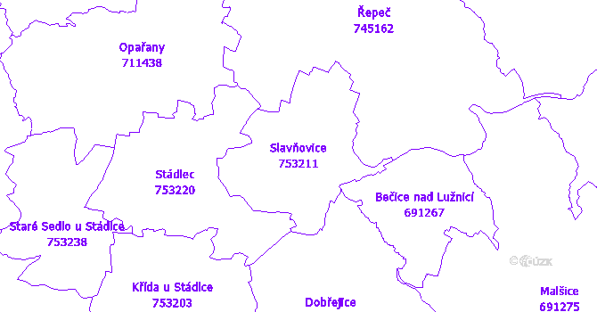 Katastrální mapa Slavňovice - přehledová mapa katastrálního území