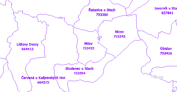 Katastrální mapa Milov - přehledová mapa katastrálního území