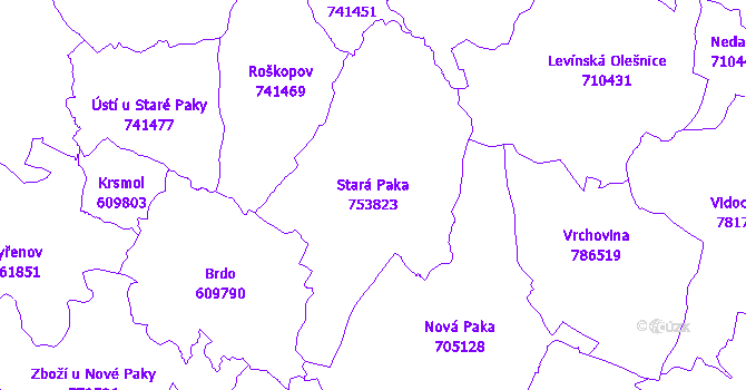 Katastrální mapa Stará Paka - přehledová mapa katastrálního území