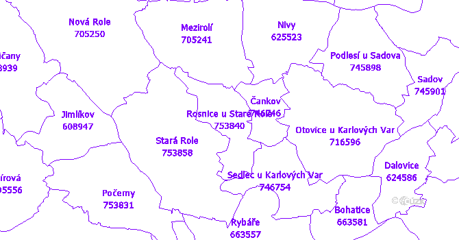 Katastrální mapa Rosnice u Staré Role - přehledová mapa katastrálního území