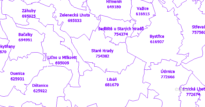 Katastrální mapa Staré Hrady - přehledová mapa katastrálního území