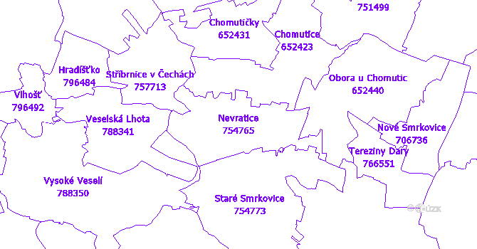Katastrální mapa Nevratice - přehledová mapa katastrálního území