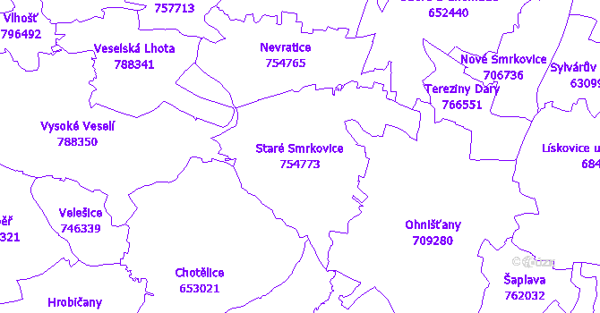 Katastrální mapa Staré Smrkovice - přehledová mapa katastrálního území